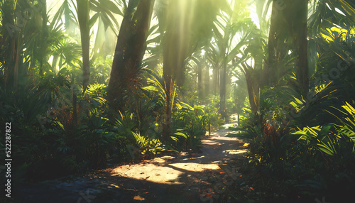 Exotic tropical palm forest at sunset  sun rays through leaves  shadows. Tropical forest  exotic forest background  green oasis. 3D illustration.