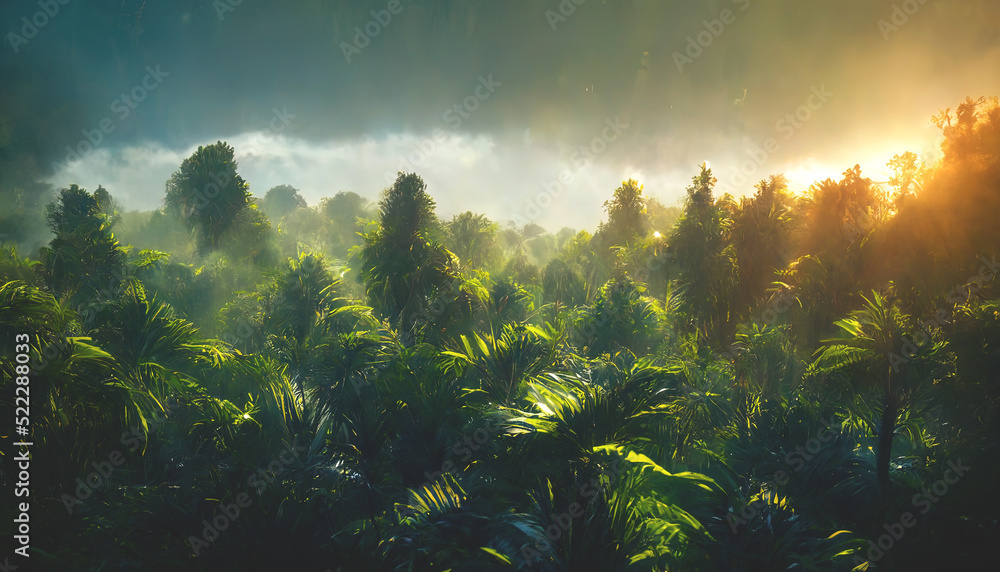 Exotic tropical palm forest at sunset, sun rays through leaves, shadows