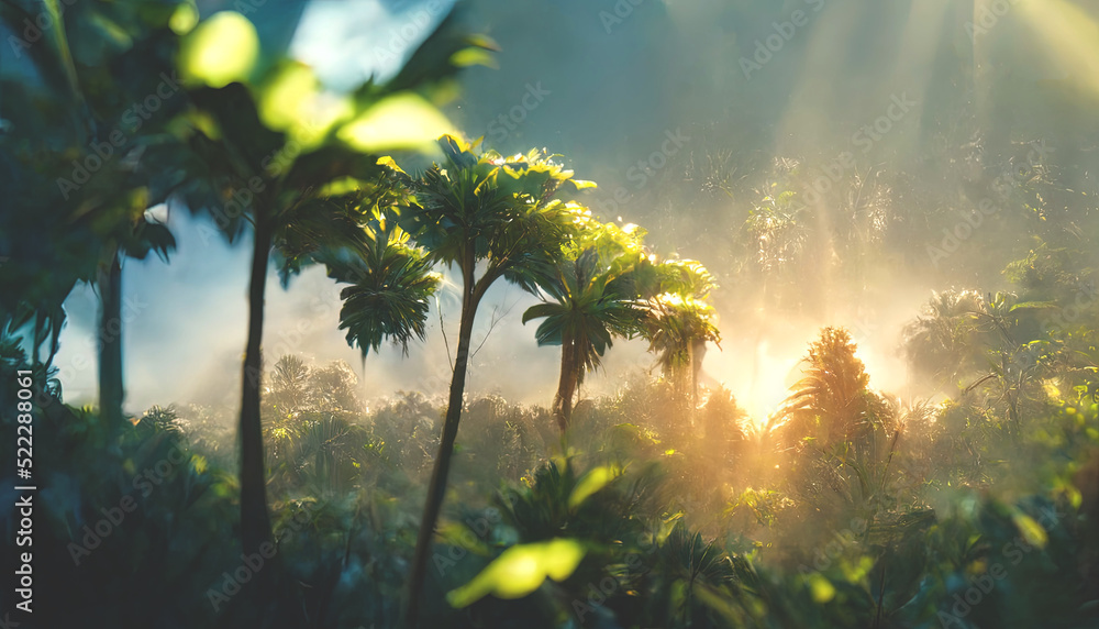Exotic tropical palm forest at sunset, sun rays through leaves, shadows