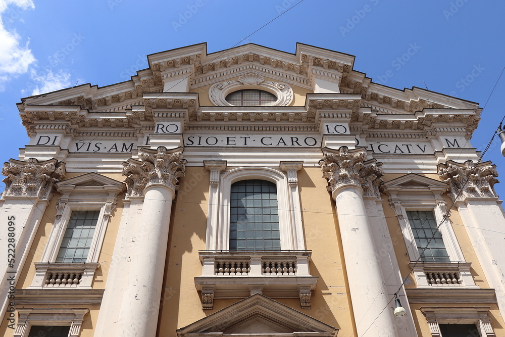 Santi Ambrogio e Carlo al Corso Basilica Facade Close Up in Rome, Italy