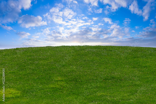 Hill with green grass and sunrise