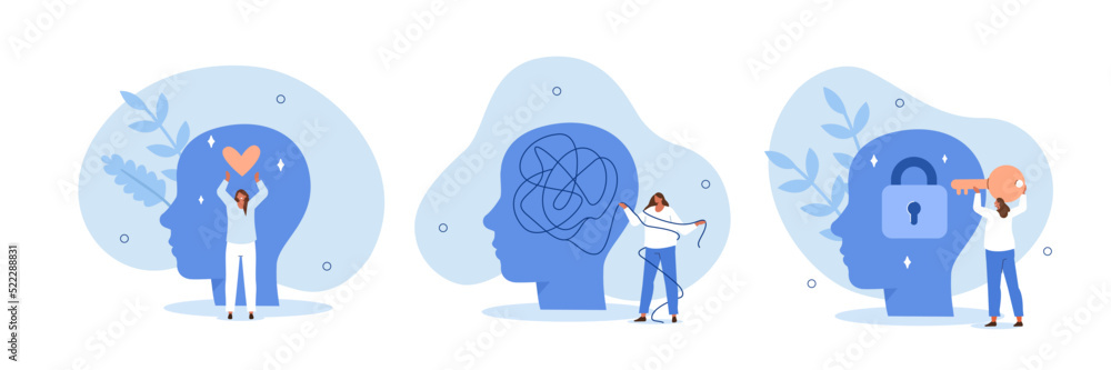 Mental health illustration set. Woman character solve mental problems, learn self accepting and how to find herself. Psychotherapy concept. Vector illustration. - obrazy, fototapety, plakaty 
