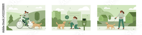 Pet owner illustration set. Character walking and biking with dog in city and park. Woman gathering poop in special bag and picking up dog excrements in public waste station. Vector illustration.