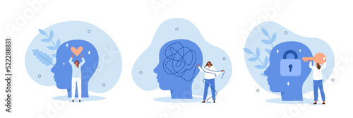 Mental health illustration set. Woman character solve mental problems, learn self accepting and how to find herself. Psychotherapy concept. Vector illustration. photo