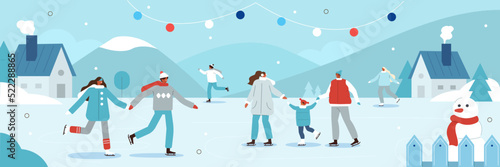 Merry Christmas and Happy New Year. Holiday scene with people characters skating on outdoor ice rink together. Vector illustration.