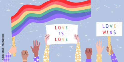 Hands holding placards posters with lgbt rainbow transgender flag, pride month, parade against violence, descrimination, human rights. Demonstration equality homosexuality. Flat vector illustration
