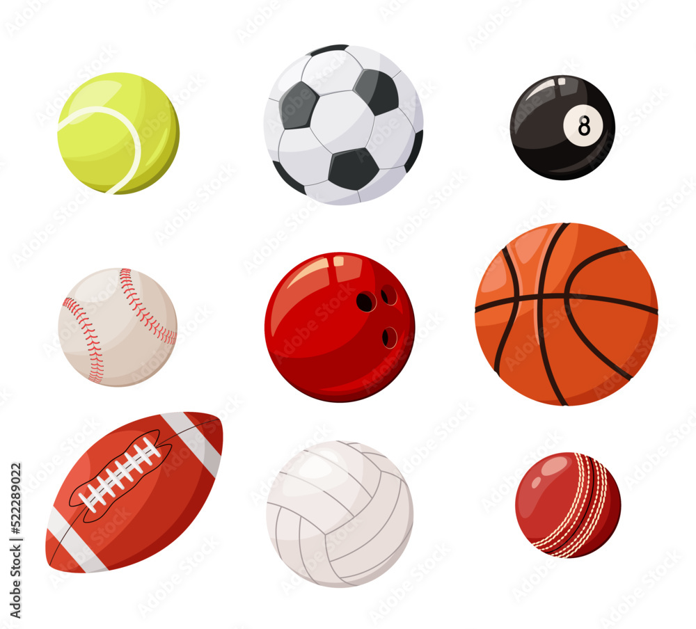 A set of balls for sports games on a white background.
