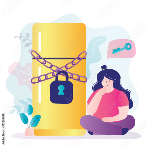 Sad girl cannot find refrigerator key. Fat woman sits near locked fridge. Female character suffering from food addiction
