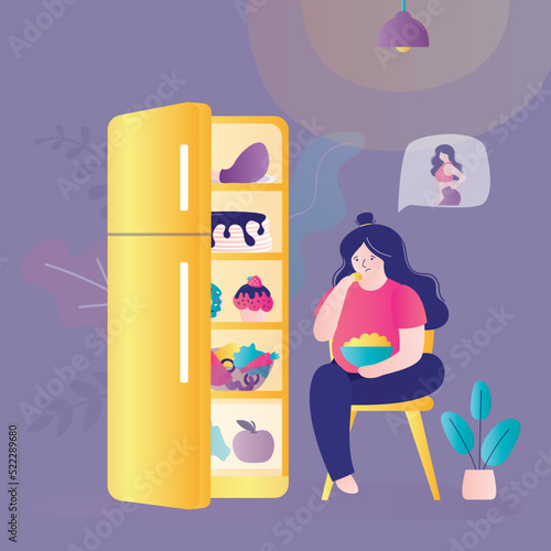 Sad girl overeats at night to cope with stress. Fat woman eat near refrigerator thinking about slim figure