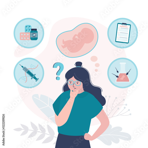 Girl thinks about stages of preparation for ivf procedure. Infertility treatment. Passing blood, dna tests for artificial insemination