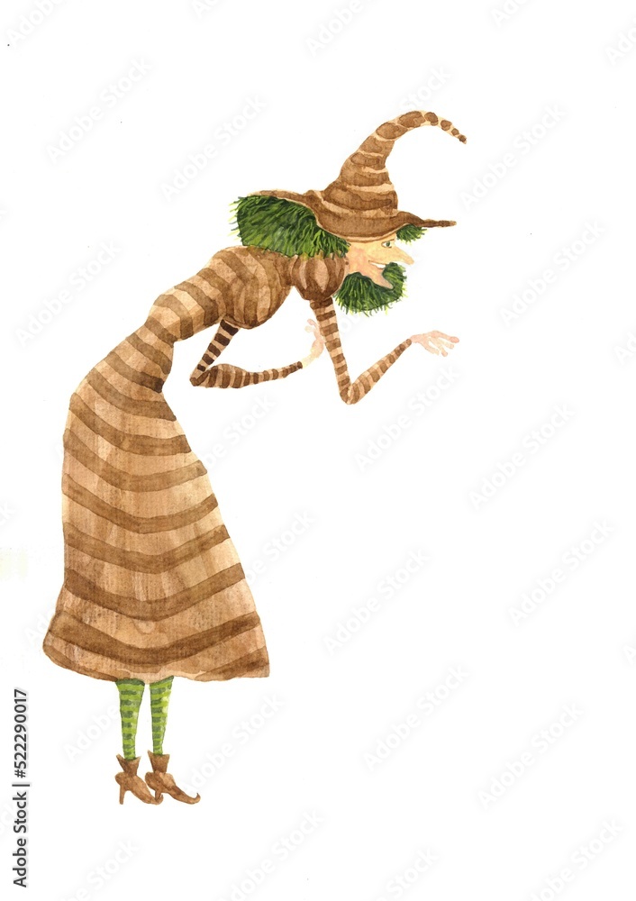 Fototapeta premium watercolor cartoon cute witch in a hat and striped dress bent over on a white background. Template for Halloween greeting card