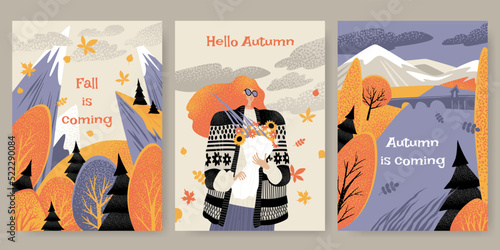 Collection of vector cards with autumn landscapes and a cute girl with a bouquet of flowers