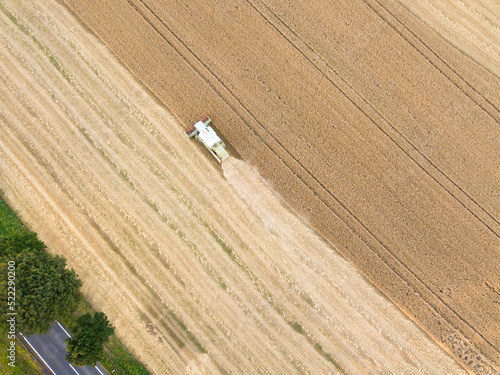 Harvester in wheat field with road green lane. Environment, agriculture industry background