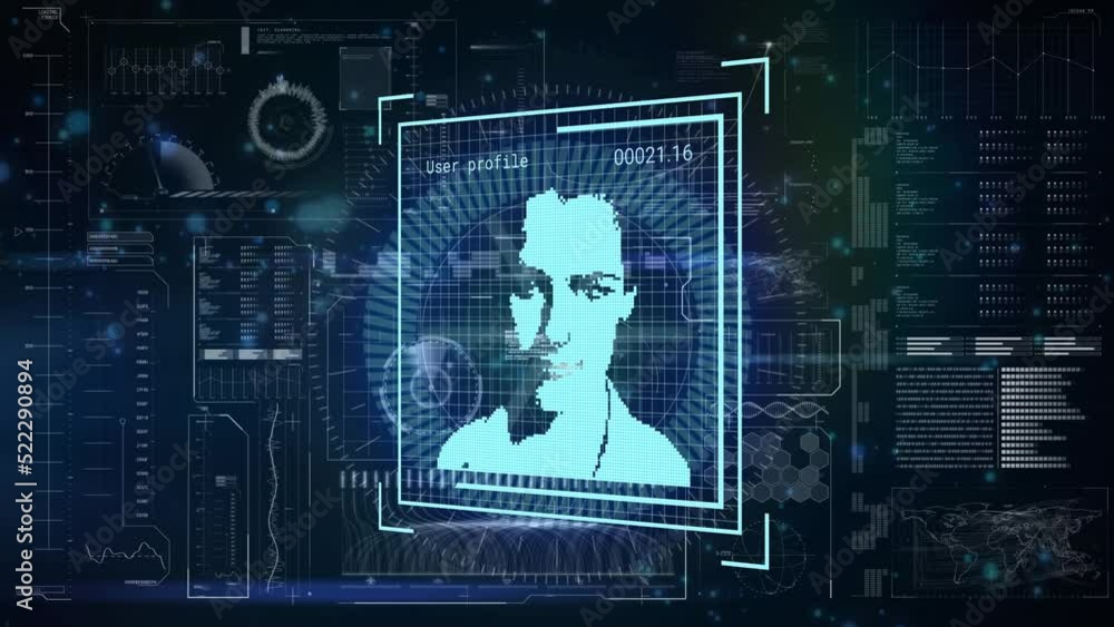 Animation of multiple changing profile icons over digital interface with data processing Animation of multiple changing profile icons over digital interface with data processing