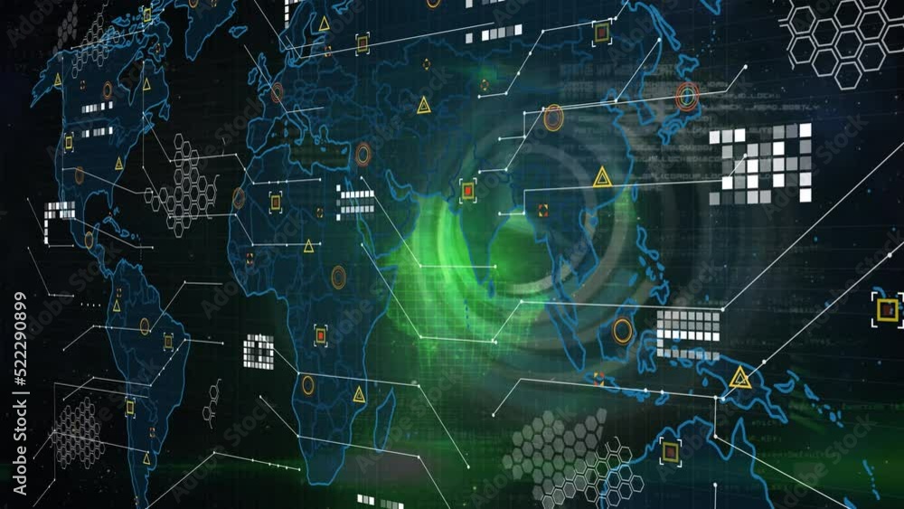 Animation of world map and data processing against ticking clock and green spot of light Animation of world map and data processing against ticking clock and green spot of light