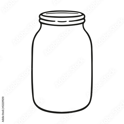 Hand drawn mason jar. Glass container. Empty kitchen pot with lid. Contour sketch