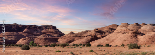 Desert Rocky Mountain American Landscape. Sunset Sky Art Render. Oljato-Monument Valley, Utah, United States. Nature Background Panorama