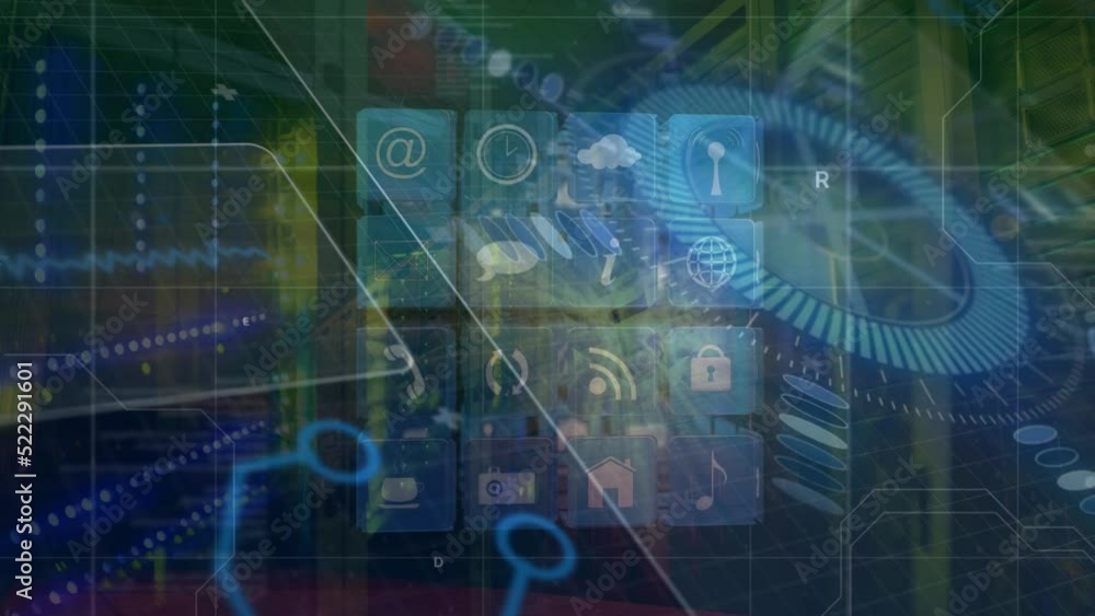 Animation of circular scanner and cube of media icons processing data over server room Animation of circular scanner and cube of media icons processing data over server room