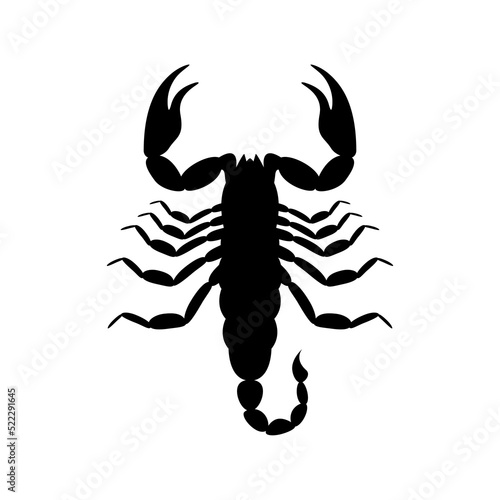 Poisonous black scorpion silhouette. Dangerous venomous arachnid with large claws and aggression vector tail spike