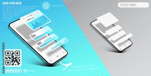 Smartphone application template with protruding information windows - realistic vector graphics for the presentation of a mobile application with a description and QR code link to the store