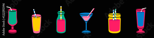 Set of 6 summer cocktails in flat style. Vector simple illustration with non-alcoholic and alcoholic drinks in different glasses. Popular cocktails for menu design, posters, brochures for cafe, bar.