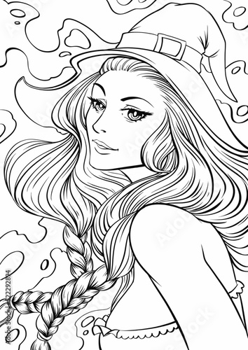 Young beautiful girl with long hair. Outline hand drawing coloring page for adult coloring book. Stock line vector illustration. Outline drawing.