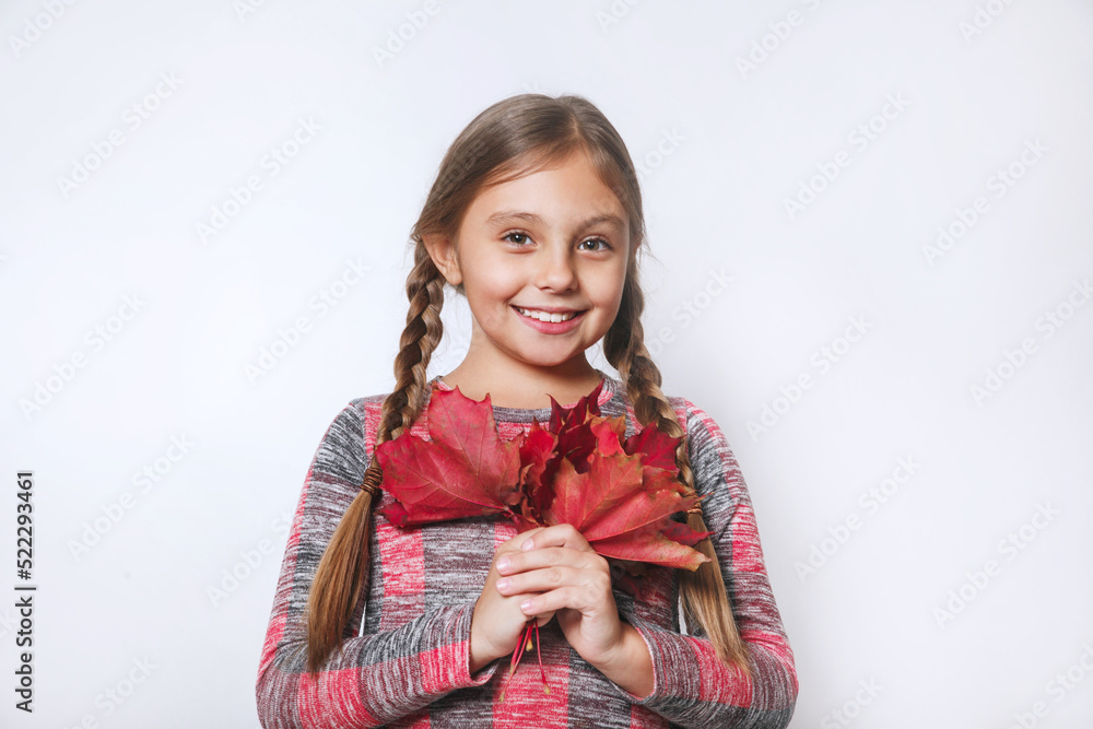 Smilng kid holding autumn maple leaves on white background. Autumn shopping. Seasonal sale. Smilng kid holding autumn maple leaves on white background. Autumn shopping. Seasonal sale.