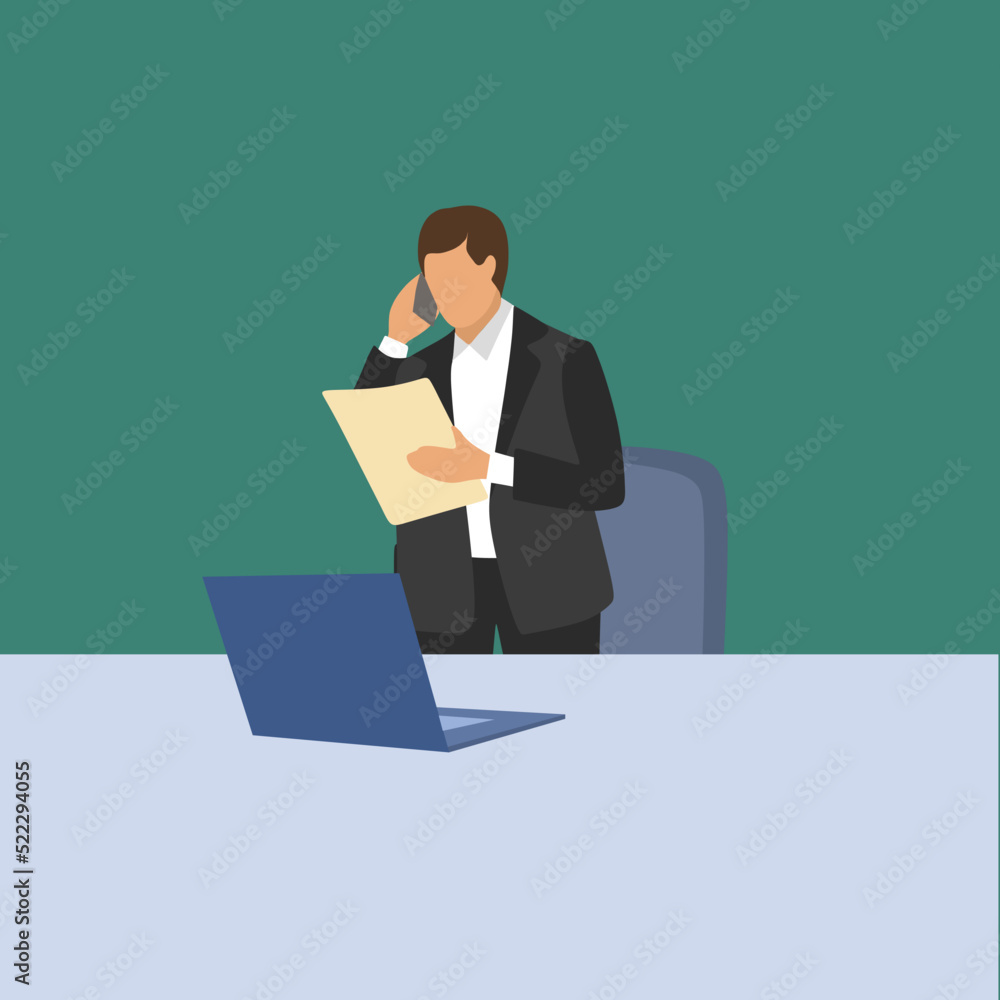 Simple Vector illustration drawing of young marketing manager reading sales report from sales division during receiving a phone call. Company report concept. Modern design vector illustration Simple Vector illustration drawing of young marketing manager reading sales report from sales division during receiving a phone call. Company report concept. Modern design vector illustration
