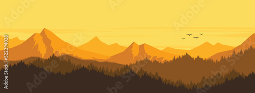 Vector illustration of a beautiful mountain landscape. Wooden fence on the mountain, natural scenery viewpoint.