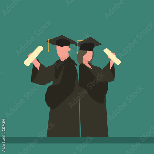 Simple Vector illustration drawing of young happy couple graduate college student hold paper and celebrate their graduation from university. Education concept. Modern design vector illustration