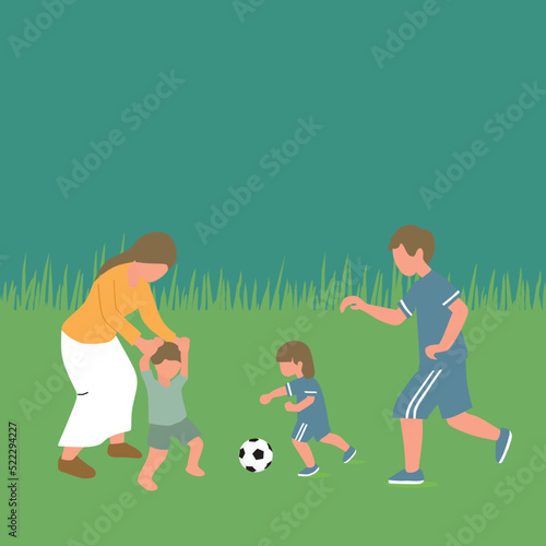 Simple Vector illustration drawing of a young father playing soccer with daughter while mother teaching son to walk at field vector illustration. Happy family parenting concept.  Modern design vector
