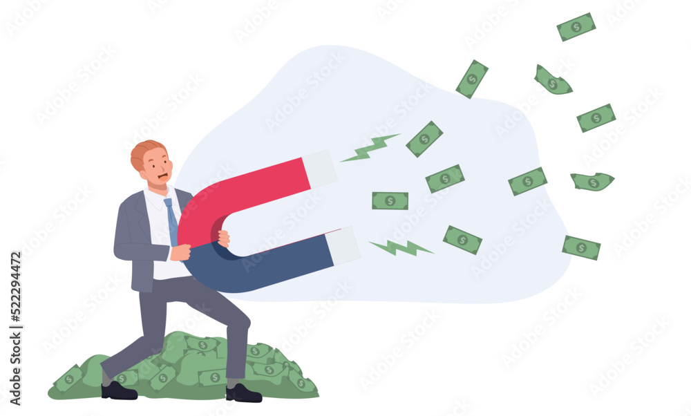 Printbusinessman hold high power magnet to draw money banknotes. Money magnet. earn more profit concept. Vector illustration. Printbusinessman hold high power magnet to draw money banknotes. Money magnet. earn more profit concept. Vector illustration.