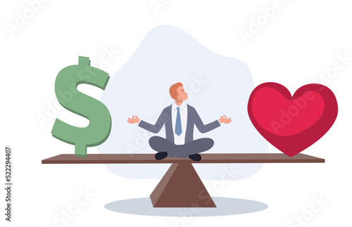 businessman meditate on seesaw balance with money and heart symbol. Work life balance concept. Vector illustration.
