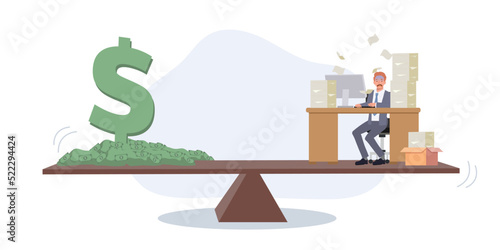 Businessman working hard on busy desk seesaw balance with wages money bag.overworked and life balance concept. Vector illustration.