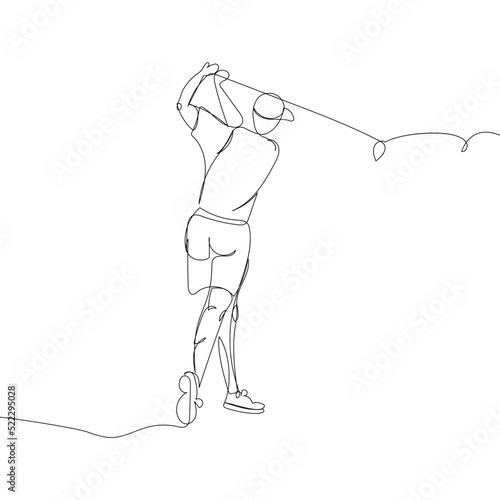 Golf player with club and ball one line art. Continuous line drawing hitting the ball with a club, game, golf, player, relaxation, competition, club, hole, status, sport.