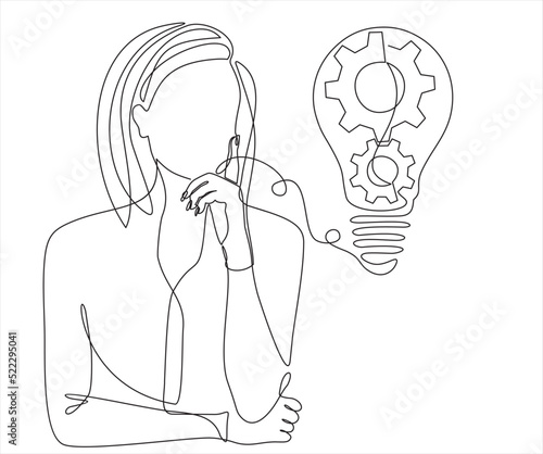 one line drawing of woman thinking about new startup idea. Vector illustration. Isolated on white background. 