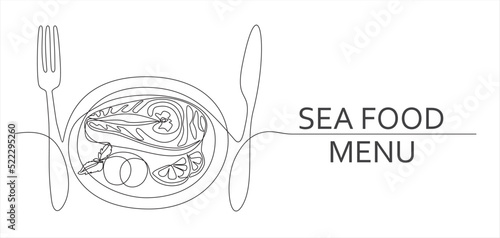 Sea food menu. Continuous one line drawing of dish with fish, vegetables and lemon
