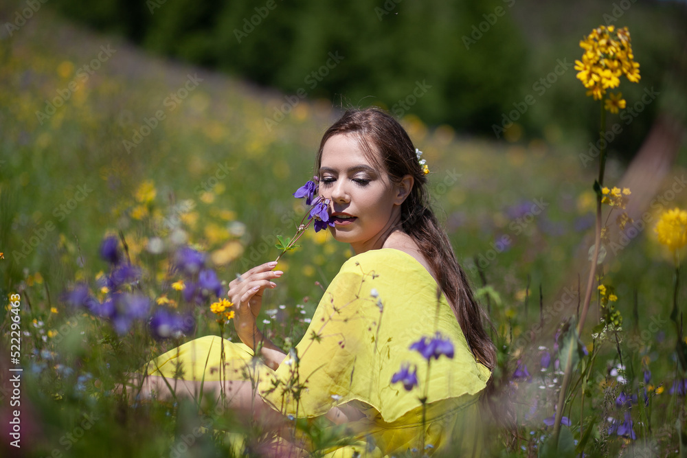 A girl in a yellow dress walks in a flowering field. The field blooms in the mountains A girl in a yellow dress walks in a flowering field. The field blooms in the mountains