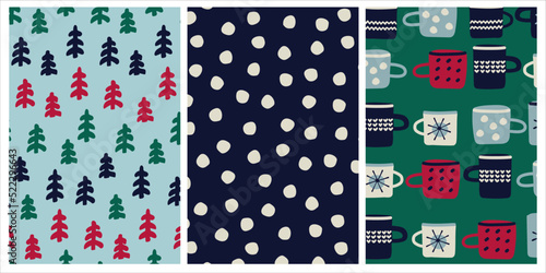 Set of patterns for Christmas wrapping paper. Festive backgrounds with snowflake-like dots, fir trees, Nordic cups for warm drink. Winter holidays concept