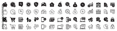 Set of loan icons. Interest rate icon, percentage diagram. Piggy bank, business income, loan, financial growth chart, investment profit. Vector illustration.