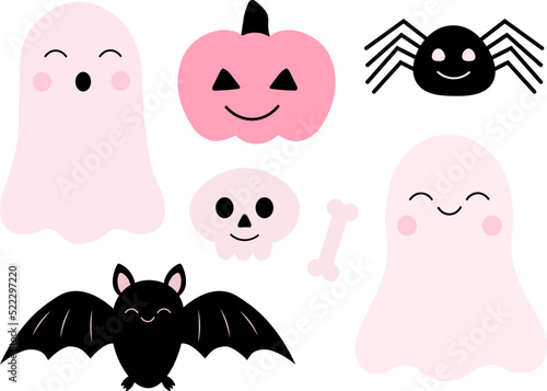 Set cute pink ghost pumpkin bat spider Halloween vector illustration
