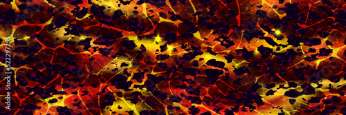 Volcanic lava with molten stones texture top view. Hot magma surface. Broken ground with liquid fire. Abstract vector background. Cracked earth. Volcano eruption wallpaper