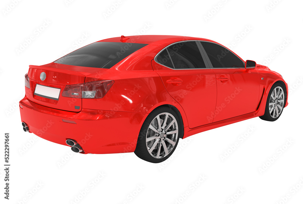 car isolated on white - red paint, tinted glass - back-right side view - 3d rendering