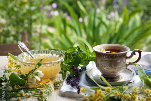 Cup of hot aromatic tea, honey and different fresh herbs on white wooden table outdoors