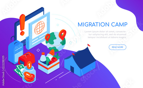 Migration camp - modern colorful isometric web banner