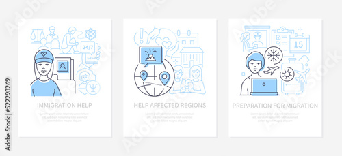 Migration and charitable assistance - line design style banners set
