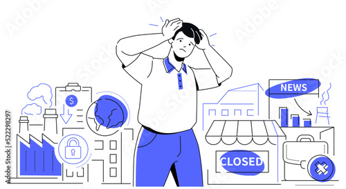 Ruin of production and bankruptcy - colorful line design style illustration