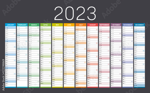 Year 2023 colorful wall calendar, with weeks numbers, on dark background. Vector template.