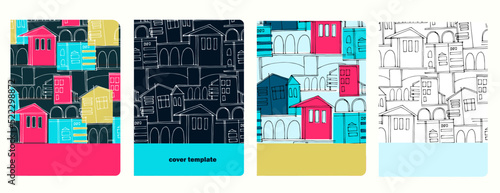 Foto Set of cover page vector templates based on seamless patterns with cityscapes, historic buildings, archways