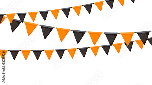 Halloween bunting. Black and orange flag garland. Triangle pennants chain. Party bunting decoration. Celebration flags for decor. Vector background 